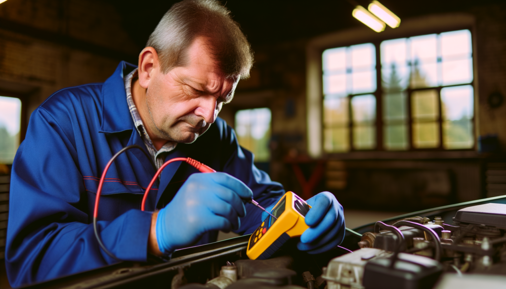 Slovenian mechanic using a digital multimeter in a workshop.