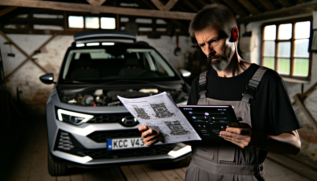 Mechanic using diagnostic tablet in Slovenian workshop.