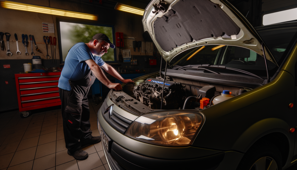 Slovenian mechanic examining a 1.6 BlueHDi engine in a workshop.