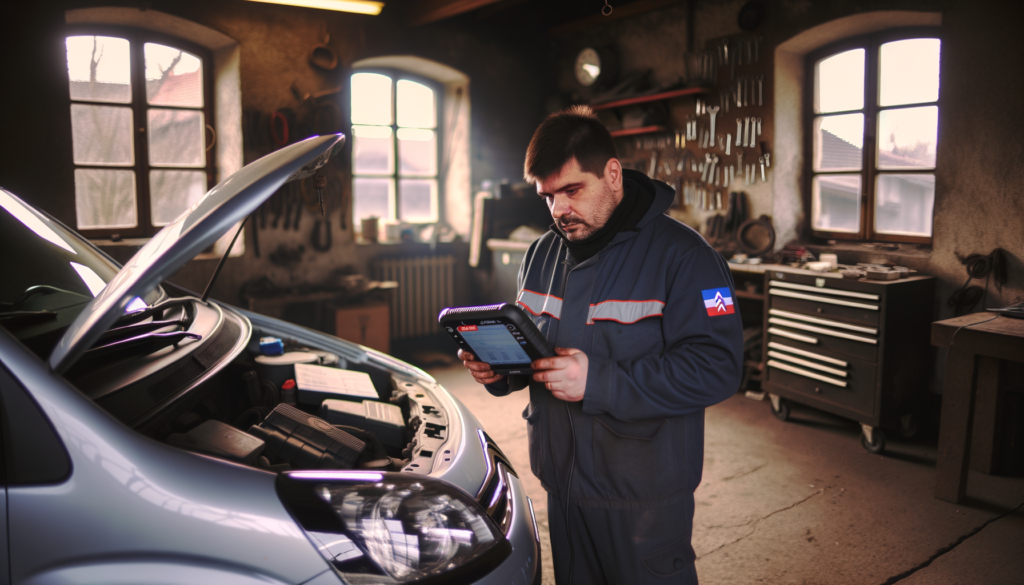 Mechanic using a diagnostic tablet on a Citroën Berlingo.