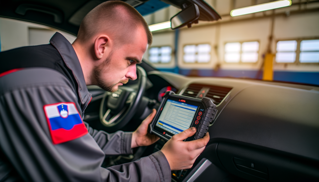 Slovenian mechanic using a Launch X431 diagnostic tablet