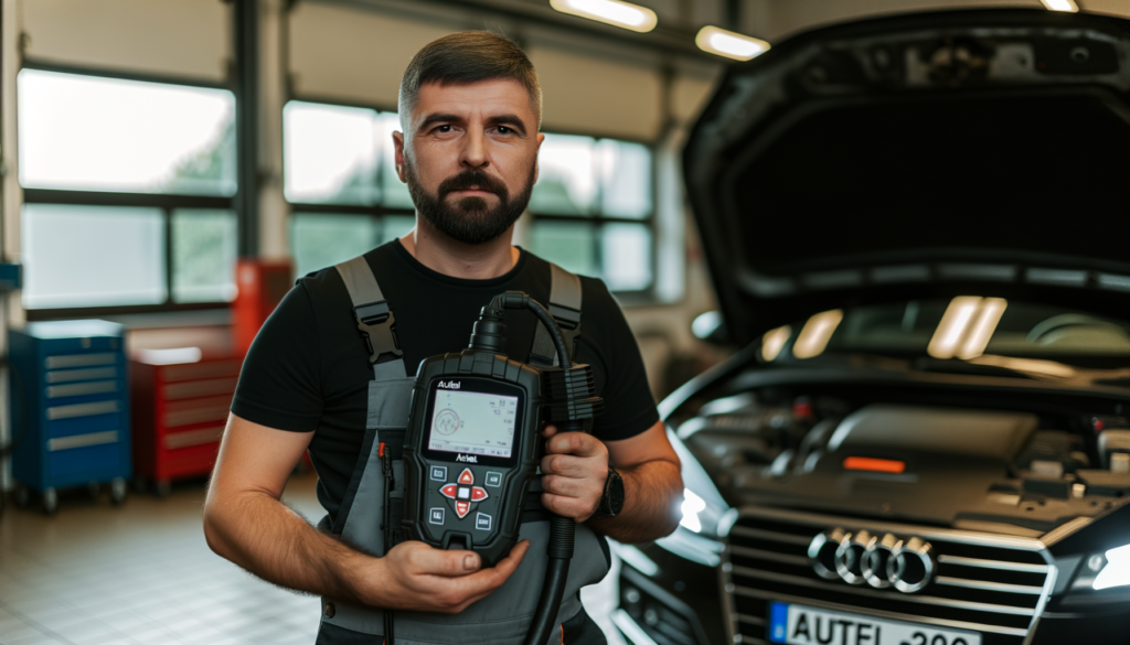 Mechanic with Autel diagnostic tool