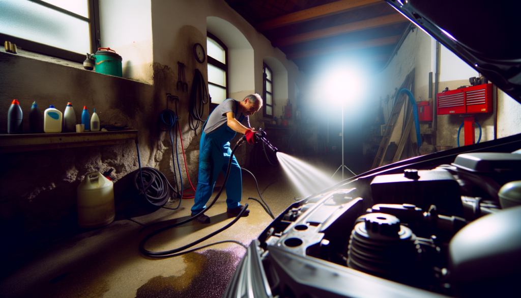 Slovenian mechanic using a high-pressure cleaner