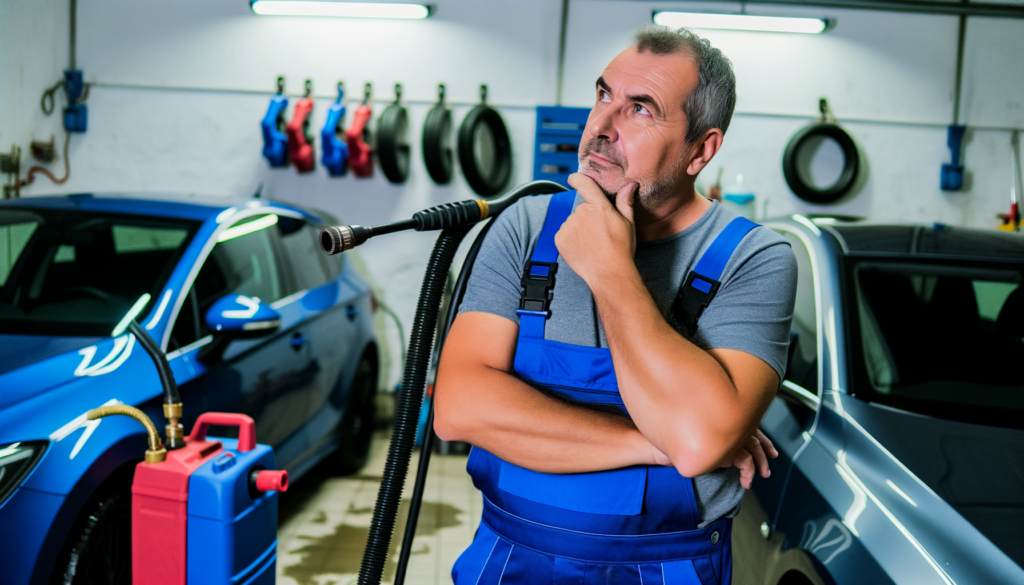 Slovenian mechanic comparing high-pressure cleaners