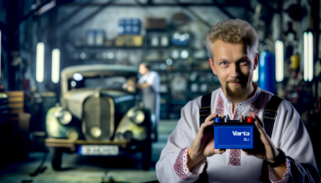 Slovenian mechanic holding a blue VARTA SLI battery