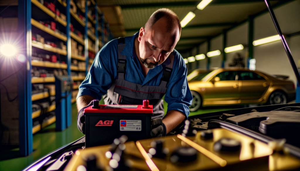 Mechanic inspecting a gold VARTA AGM battery