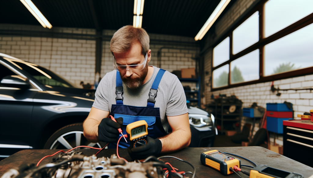 Mechanic using a Fluke multimeter on a car engine