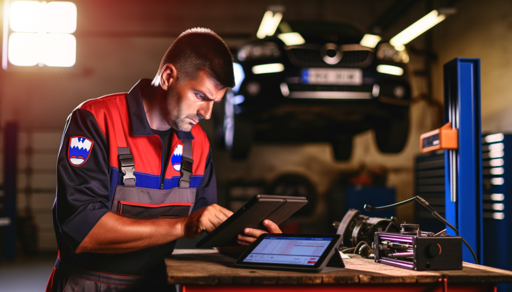 Slovenian mechanic using Evoca.app in a workshop