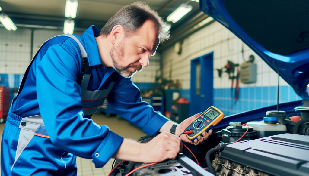 Mechanic using a multimeter on a car engine