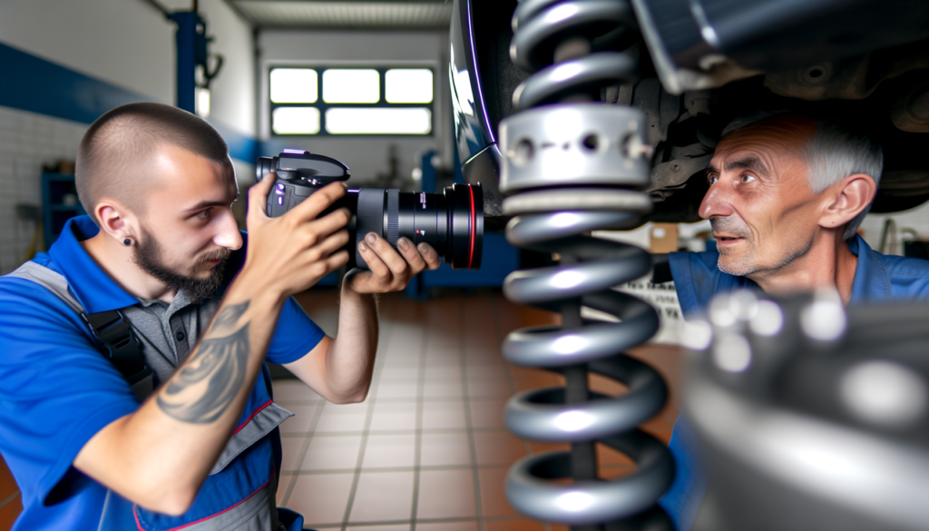 Slovenian mechanic inspecting car suspension