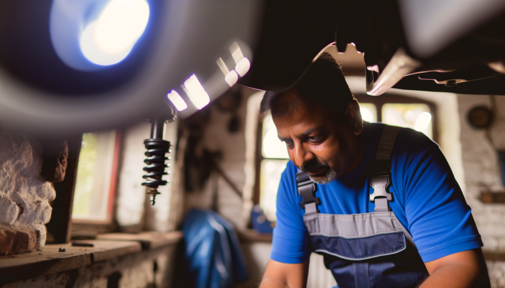 Mechanic adjusting car suspension