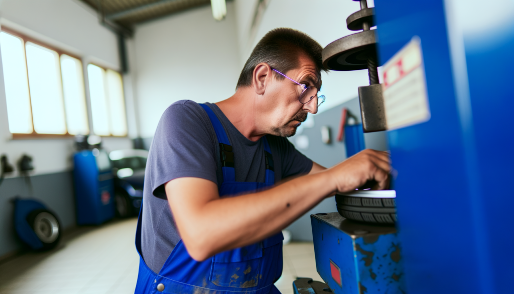 Mechanic calibrating CEMB C75SE balancer.