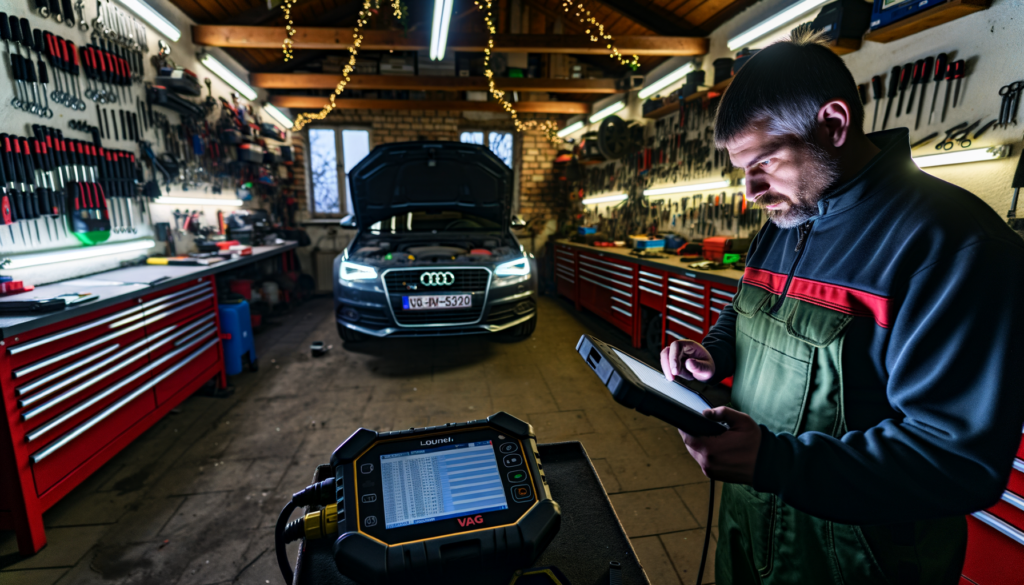 Slovenian mechanic using diagnostic tablet on VAG vehicle.