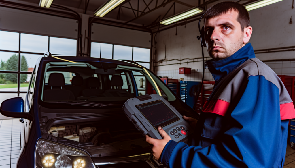 Mehanik uporablja diagnostično napravo na Renault Masterju.