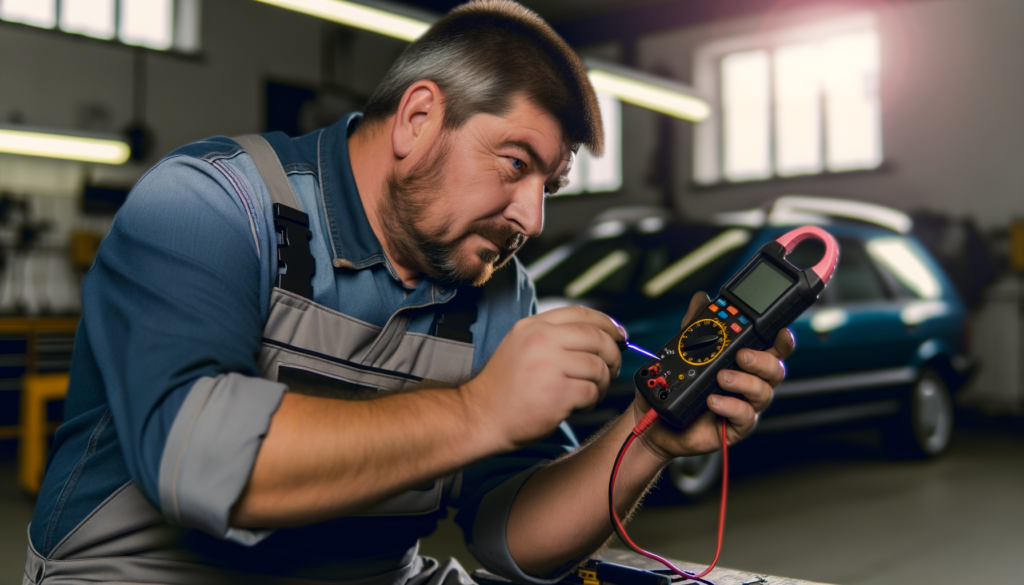 Slovenian mechanic using Fluke digital multimeter in clean workshop.