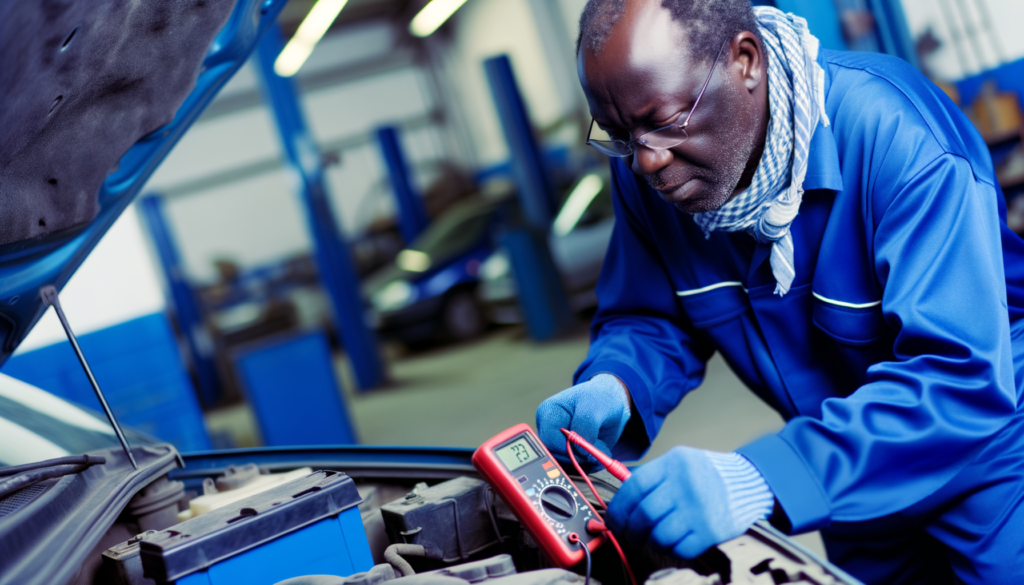 Mechanic testing car battery with multimeter