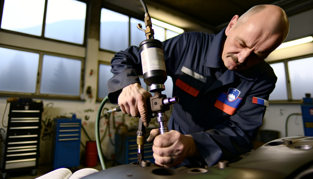 Slovenian mechanic using pneumatic chisel in workshop